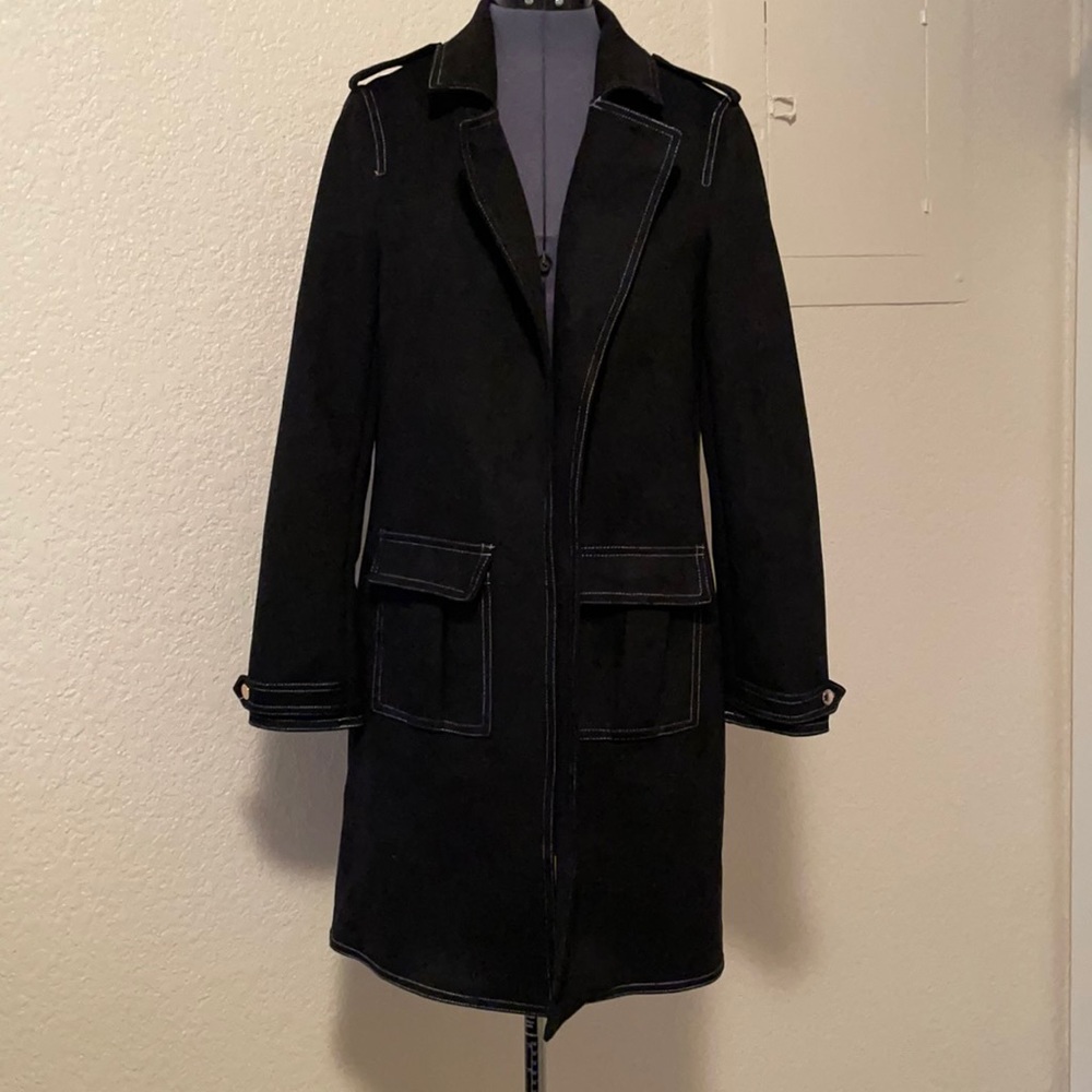 Tahari Black Faux Suede Trench Coat